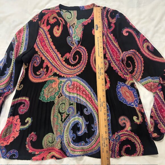 Ladies Blouse Large Black Multicolor Flared Sleeves Accordion Pleats read - Picture 8 of 8